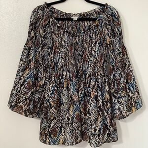 Spense Western Boho Multicolor Snakeskin Oversized Sheer Peasant Blouse Medium